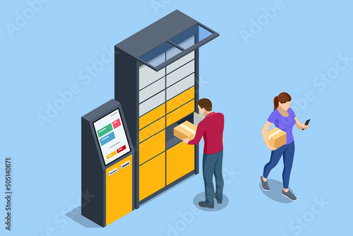 Isometric parcel locker. Postman and locker with digital panel for password. The chain of autonomous postal points for self-receipt and sending of postal parcels. Postal delivery, smart self-service