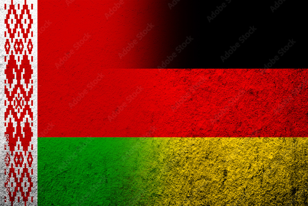 The national flag of Germany with Republic of Belarus National flag. Grunge background
