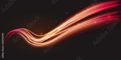 Luminous neon shape wave, abstract light effect vector illustration. Wavy glowing bright flowing curve lines, magic glow energy stream motion with particle isolated on dark black background photo