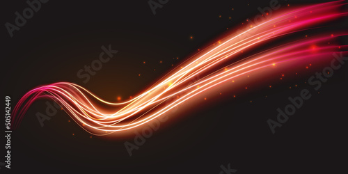 Luminous neon shape wave, abstract light effect vector illustration. Wavy glowing bright flowing curve lines, magic glow energy stream motion with particle isolated on dark black background