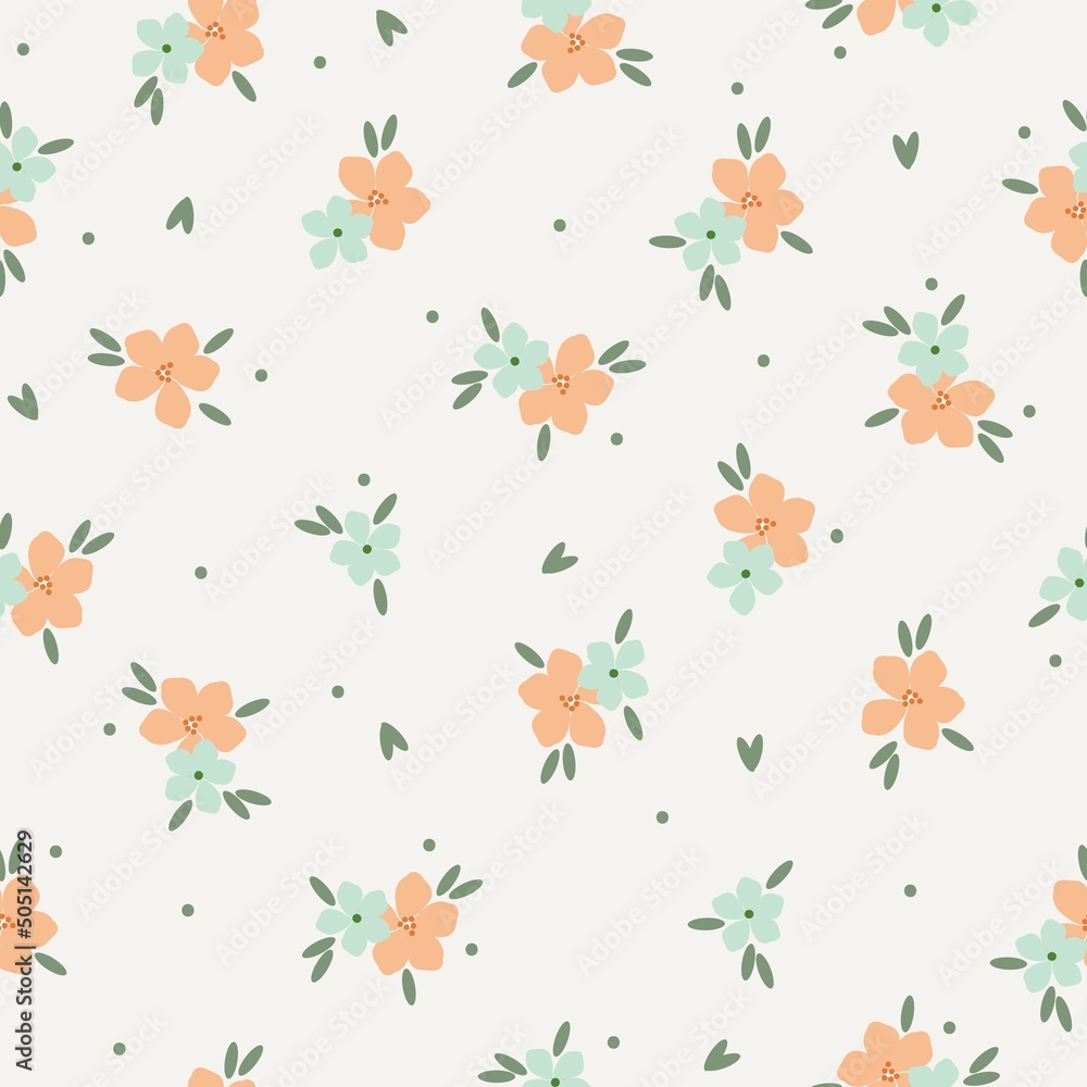 Simple vintage pattern. orange and green flowers, green leaves. white background. Fashionable print for textiles, wallpaper and packaging.