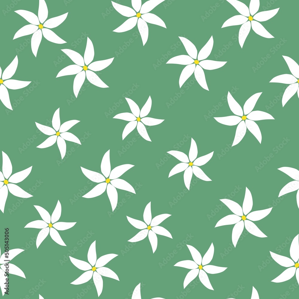 Simple vintage pattern. white flowers. Green background. Fashionable print for textiles, wallpaper and packaging.