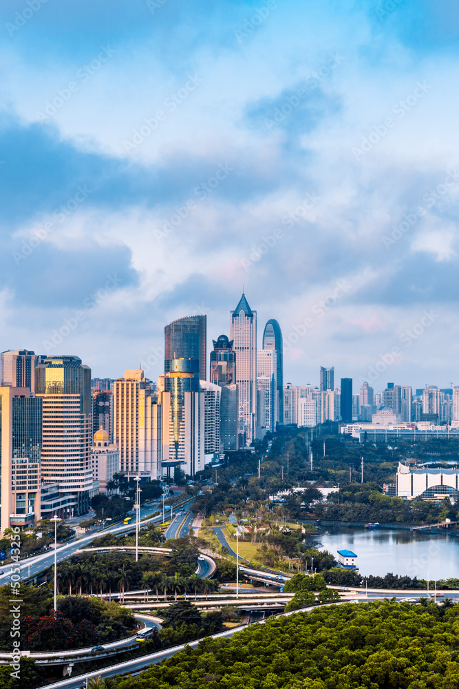 Fototapeta premium High-angle architectural scenery of Haikou International Trade CBD and Binhai Overpass, Hainan, China