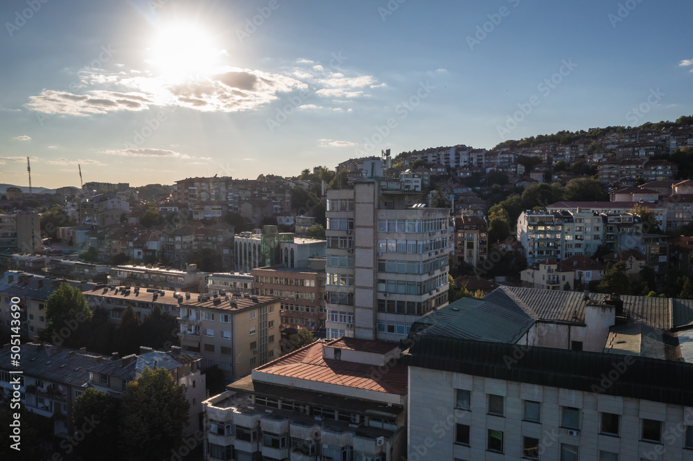 Drone photo of buildings in center of Veliko Tarnovo city, Bulgaria