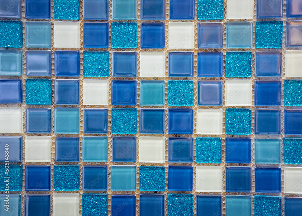 Details of blue shiny bathroom glass mosaic tile