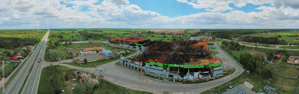 Kalynivka, Kyiv region, Ukraine - May 15, 2022: War in Ukraine. A destroyed Logistics Park after russian atack in Febrary