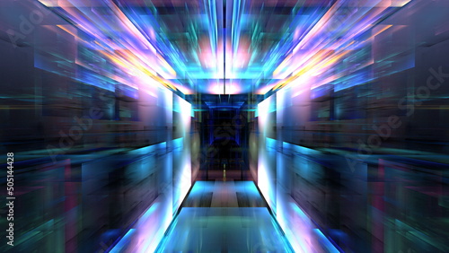 Digital interior building Hi tech Abstract data center server tonel. Business technology blurred Polygonal geometric digital cyberpunk space  color light. 3D render