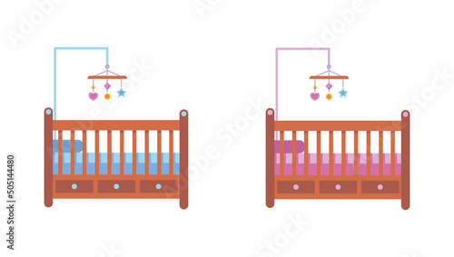 Set of baby crib on white background. Vector illustration cribs for girls and boys in cartoon style.