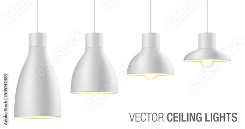 White ceiling light shade in different shapes and sizes. Metal pendant lamp vector illustration, isolated on white background.