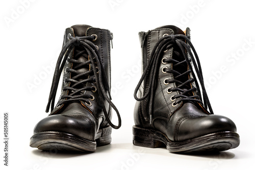 High black man's leather boots. Isolated on a white background.