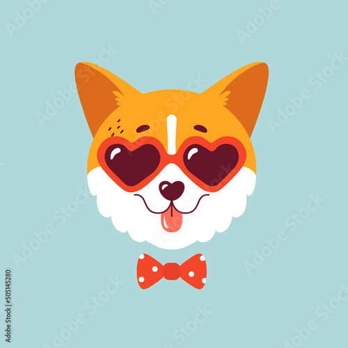 Cute corgi face with heart shaped sunglasses and bow tie. Vector print isolated on clean background. Funny dog illustration for valentines day card, poster or stylish t-shirt design.