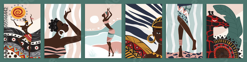 Ethnic dances of African woman among traditional and animal patterns set vector illustration. Abstract silhouettes, native ornament and tribal culture elements in wall art decor, social media stories