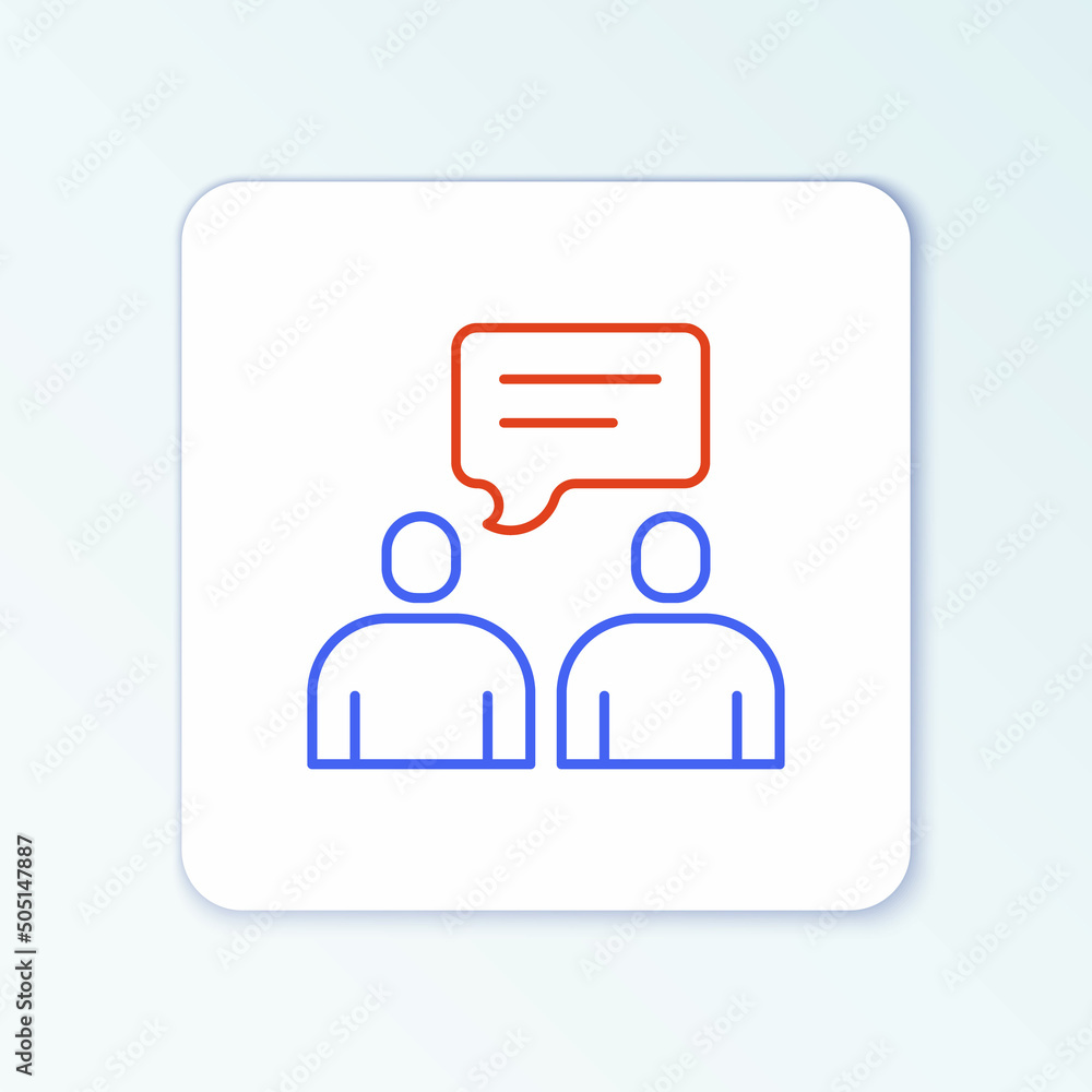 Line Two sitting men talking icon isolated on white background. Speech bubble chat. Message icon. Communication or comment chat symbol. Colorful outline concept. Vector Line Two sitting men talking icon isolated on white background. Speech bubble chat. Message icon. Communication or comment chat symbol. Colorful outline concept. Vector