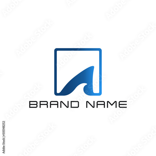 Blue shark square icon logo design. A shark tail and waves illustration vector.