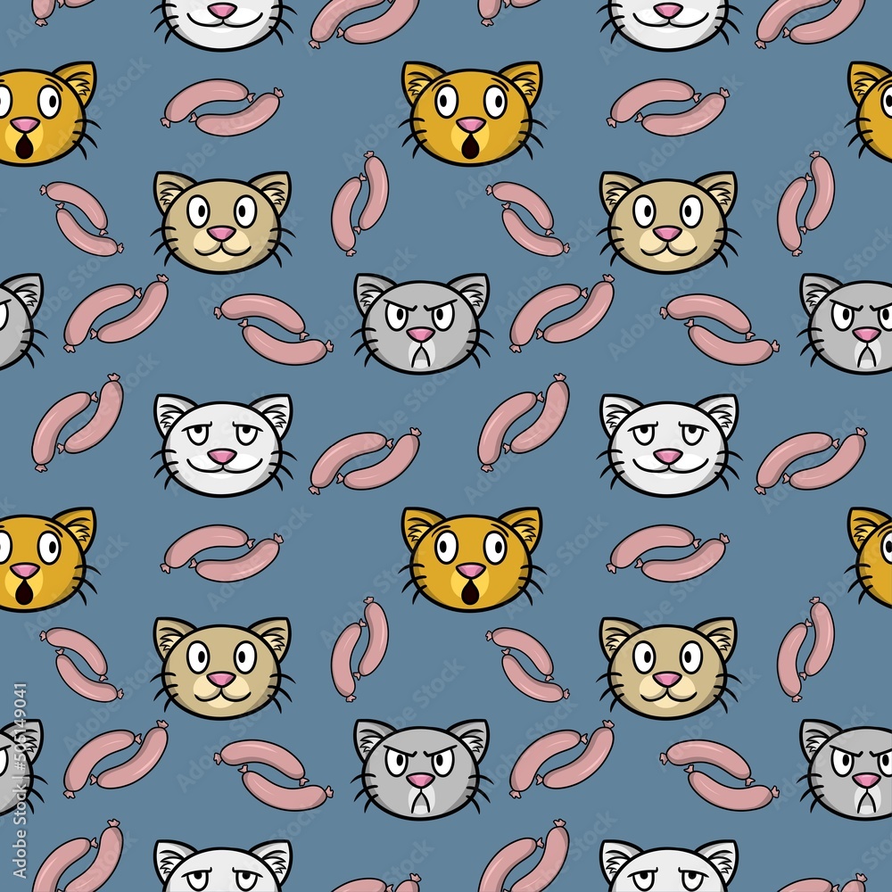 Cartoon Cute Cats with Delicious Sausages, Seamless Square Pattern on Gray Background
