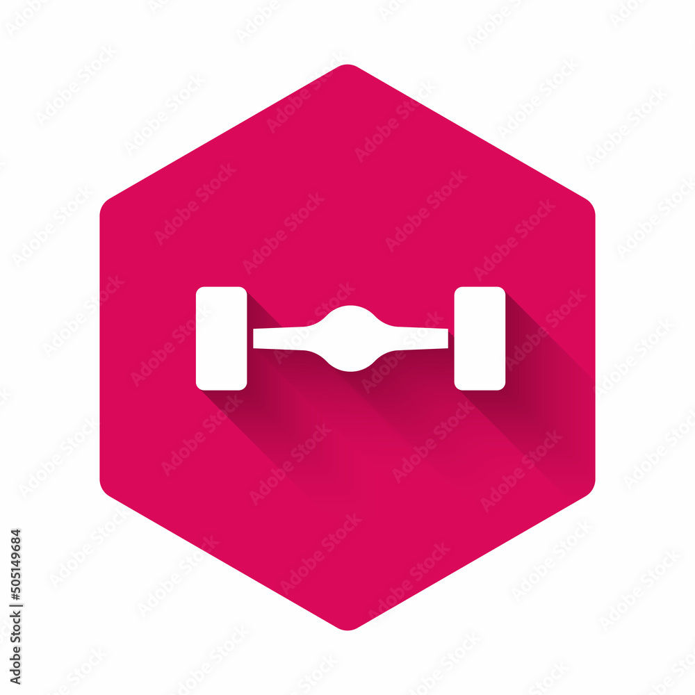 White Chassis car icon isolated with long shadow. Pink hexagon button. Vector White Chassis car icon isolated with long shadow. Pink hexagon button. Vector