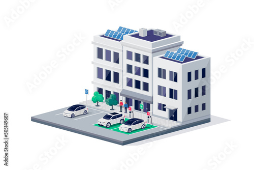 Electric cars perpendicular parking charging on dedicated spot in city street centre road sideway near office residential buildings. Persons standing near vehicles on sidewalk by charger stations lot.
