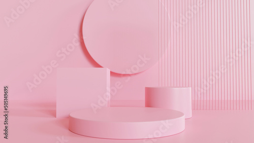 3D rendering of pink  podium with pink background. Beautiful minimal scene for products display. Circle pink stage with with pink wall.3d stage on pedestal display pink studio.