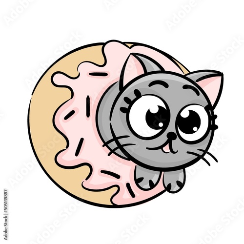 Cute cat stuck in donuts with pink frosting cartoon style. Cat Flat vector illustration. Kawaii card sketch for t shirt design, School books, Greeting cards, posters