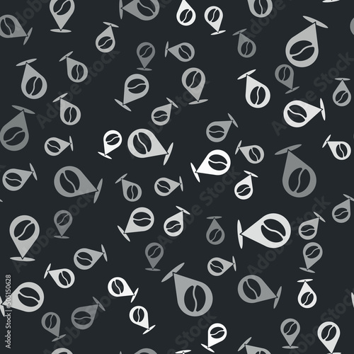 Grey Location with coffee bean icon isolated seamless pattern on black background. Vector © vector_v