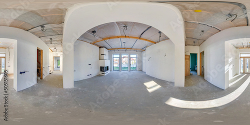 full seamless spherical 360 hdri panorama view in modern entrance hall with panoramic windows of corridor rooms without repair and furniture in equirectangular projection  AR VR content
