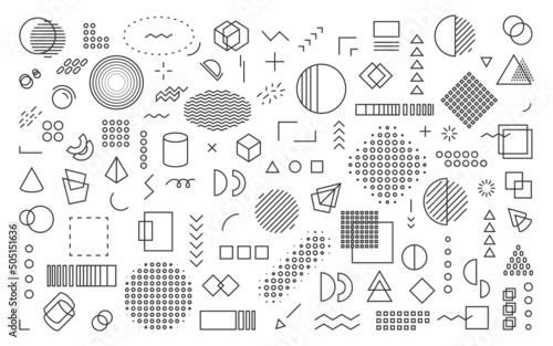 Memphis element retro geometric shape black line set. Graphic trend design tendency futuristic constructivism abstract concept vintage design element board flyer ads pattern fabric print paper textile