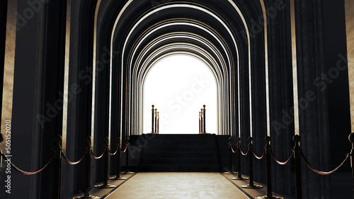 Long tunnel with arches and black carpet withe golden barrier  vip door entrance  walkway arch  3D render