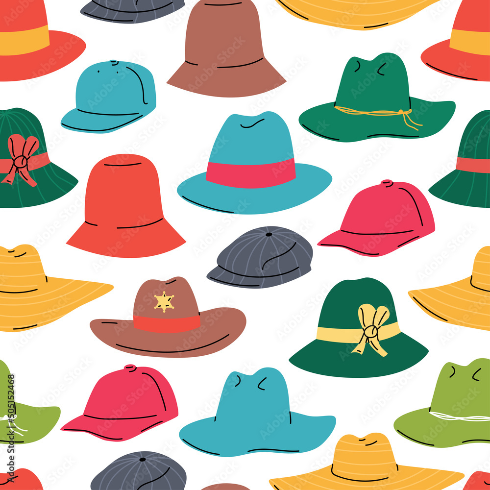 Hats vector cartoon seamless pattern on a white background.