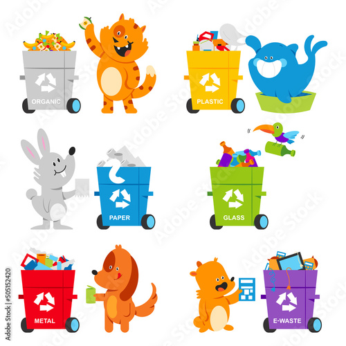 Cute animals sort waste vector cartoon characters set isolated on a white background.