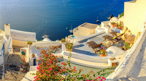 Beautiful terrace with sea view. summer time in Santorini. famous travel destination