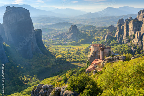 Obraz na płótnie Beautiful view of the famous Eastern Orthodox monasteries at sunset. Greece, Europe. landscape place of monasteries on the rock. UNESCO World Heritage. w salonie