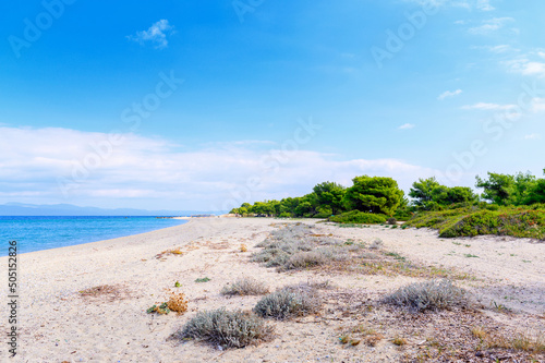 Obraz na płótnie Beautiful panorama of summer seascape of Mediterranean sea. Green hills of Peloponnese peninsula, Greece, Europe. w salonie