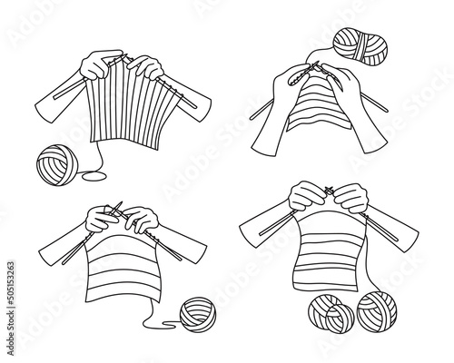 Knitting, crochet in hand drawn sketch. Hands hold a knitted fabric on the needles. Hobby, handmade, handicraft. Collection of doodle isolated vector illustrations