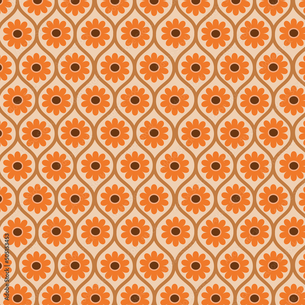 Retro 70s orange flowers seamless pattern on brown ogee oval shapes. For wallpaper, home décor and textile Retro 70s orange flowers seamless pattern on brown ogee oval shapes. For wallpaper, home décor and textile