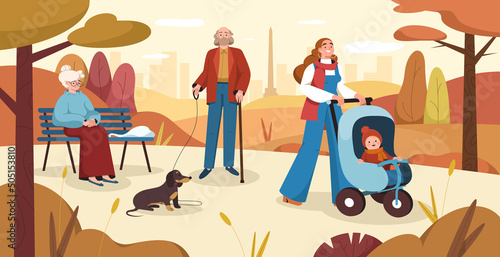 Flat people in autumn park. Citizens strolling in city recreation area. Elderly man walk with dog on a leash, pensioner woman sitting on a bench. Young mother pushing stroller with child. Fall season.