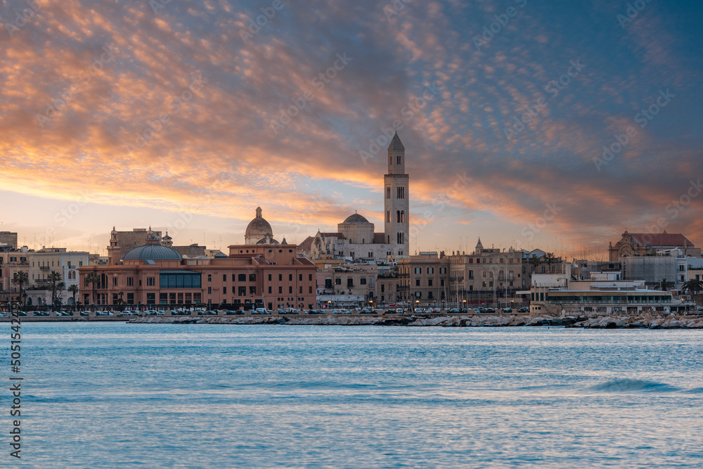 Panoramic view of Bari, Southern Italy, the region of Puglia(Apulia) seafront at Sunset. Basilica San Nicola in the background. 