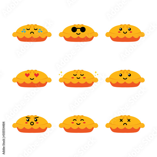 Set, collection, pack of pie emoji, vector cartoon style icons of sweet apple pie characters with different facial expressions, happy, sad, shining, joyful. 