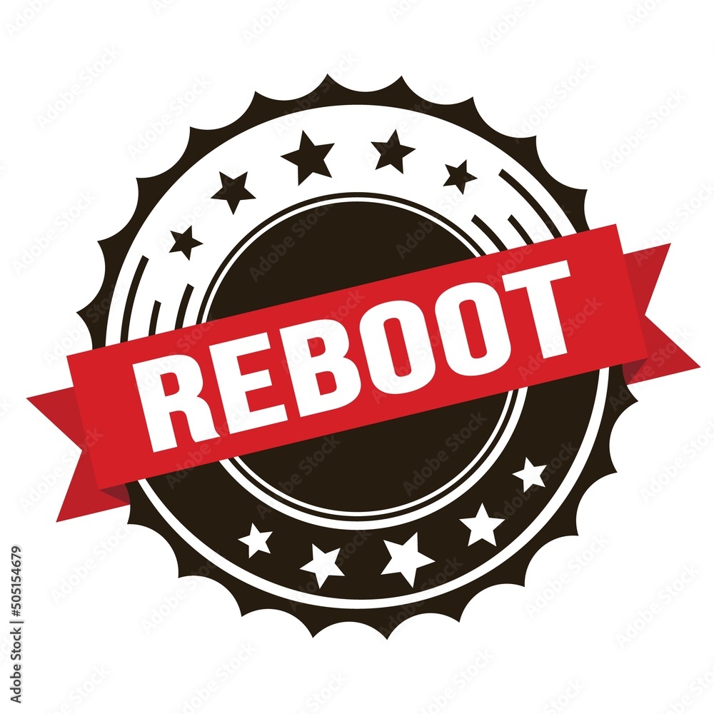 REBOOT text on red brown ribbon stamp.