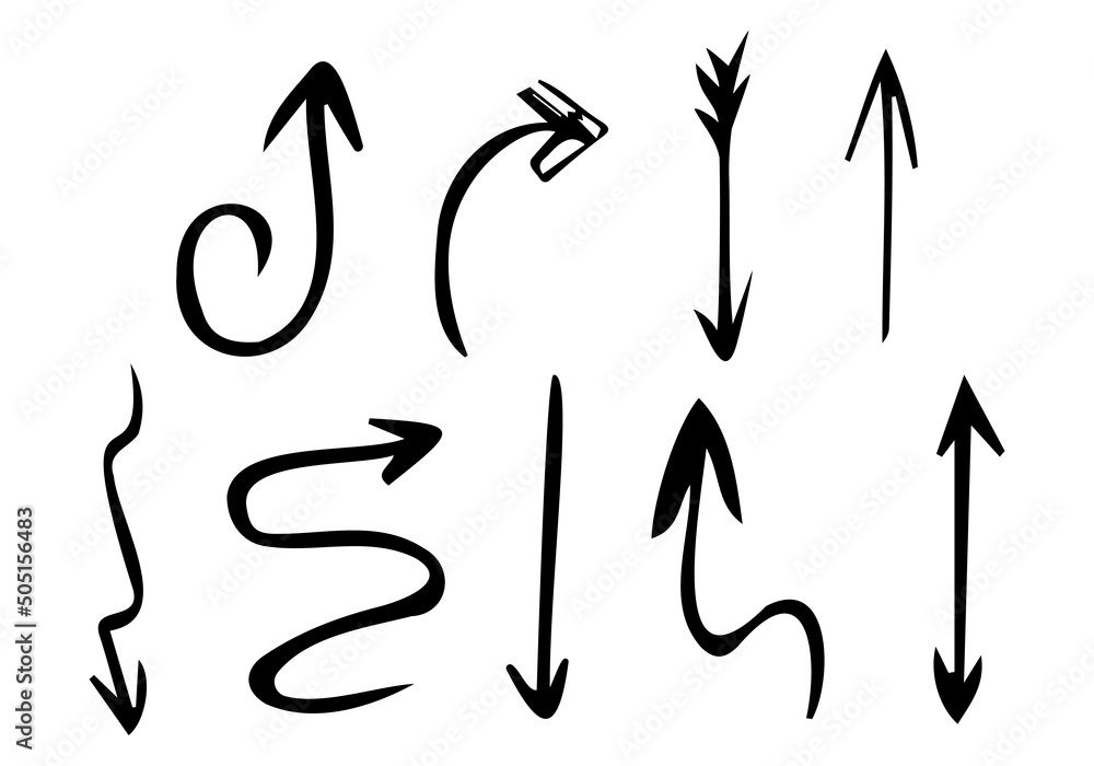 Hand drawn set of arrows. Collection black arrow on white background. Vector illustration. Hand drawn set of arrows. Collection black arrow on white background. Vector illustration.