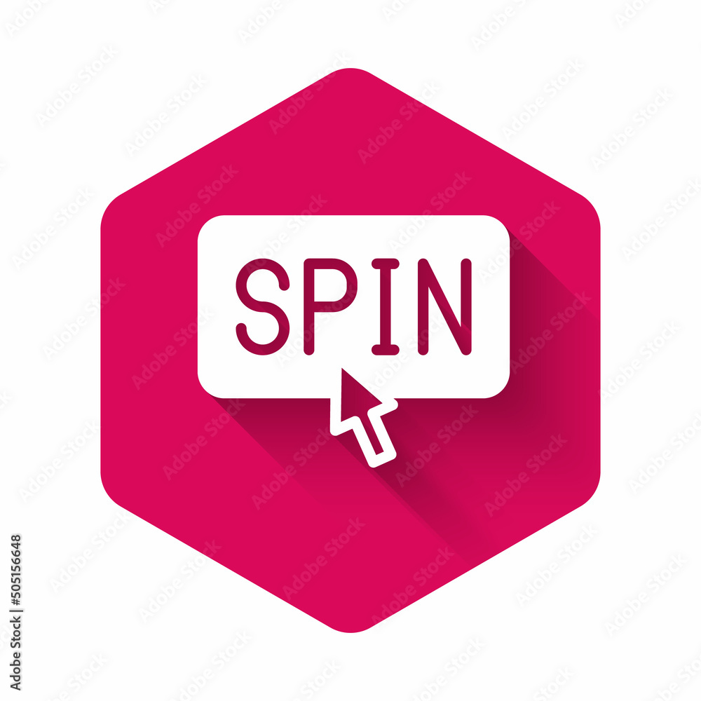White Slot machine spin button icon isolated with long shadow background. Pink hexagon button. Vector White Slot machine spin button icon isolated with long shadow background. Pink hexagon button. Vector