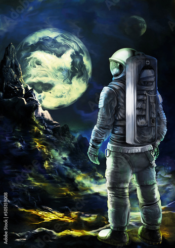 Astronaut on an unexplored planet / Illustration a person in a spacesuit, standing on a strange planet. Two moons and mountain terrain in the background, digital painting photo