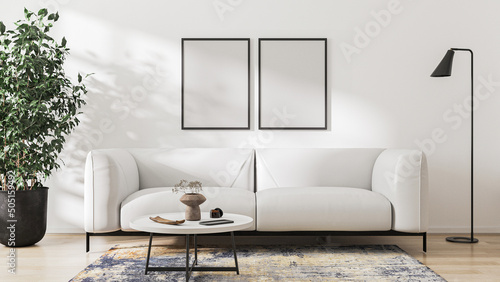 poster frame mock up in scandinavian style living room interior, modern living room interior background, white sofa and green plant in pot, 3d rendering
 photo