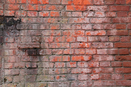 Old brick wall in the background image. A shabby brick wall with black smudges.
