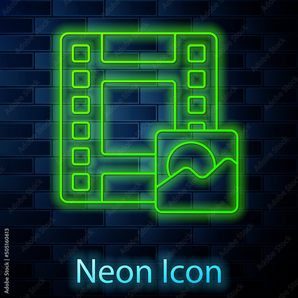 Glowing neon line Play Video icon isolated on brick wall background. Film strip sign. Vector Glowing neon line Play Video icon isolated on brick wall background. Film strip sign. Vector