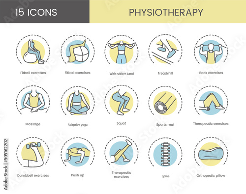 Linear vector icons of physiotherapy which depict exercises with fitball and dumbbells, yoga classes and on a treadmill