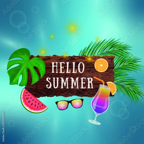 Hello summer! Colorful background for poster, banner. Greeting card. Vector flat illustration.
