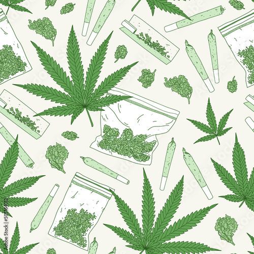 Seamless vector  pattern with marijuana leaves, rolling paper, joints and buds. Cannabis background