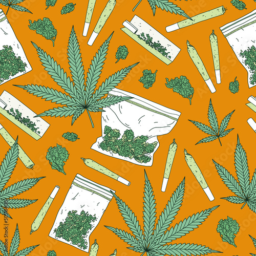 Seamless vector  pattern with marijuana leaves, rolling paper, joints and buds. Cannabis background