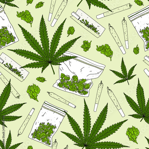 Seamless vector  pattern with marijuana leaves, rolling paper, joints and buds. Cannabis background