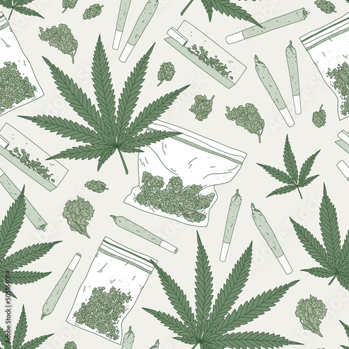Seamless pattern with marijuana leaves, rolling paper, joints and buds. Cannabis background